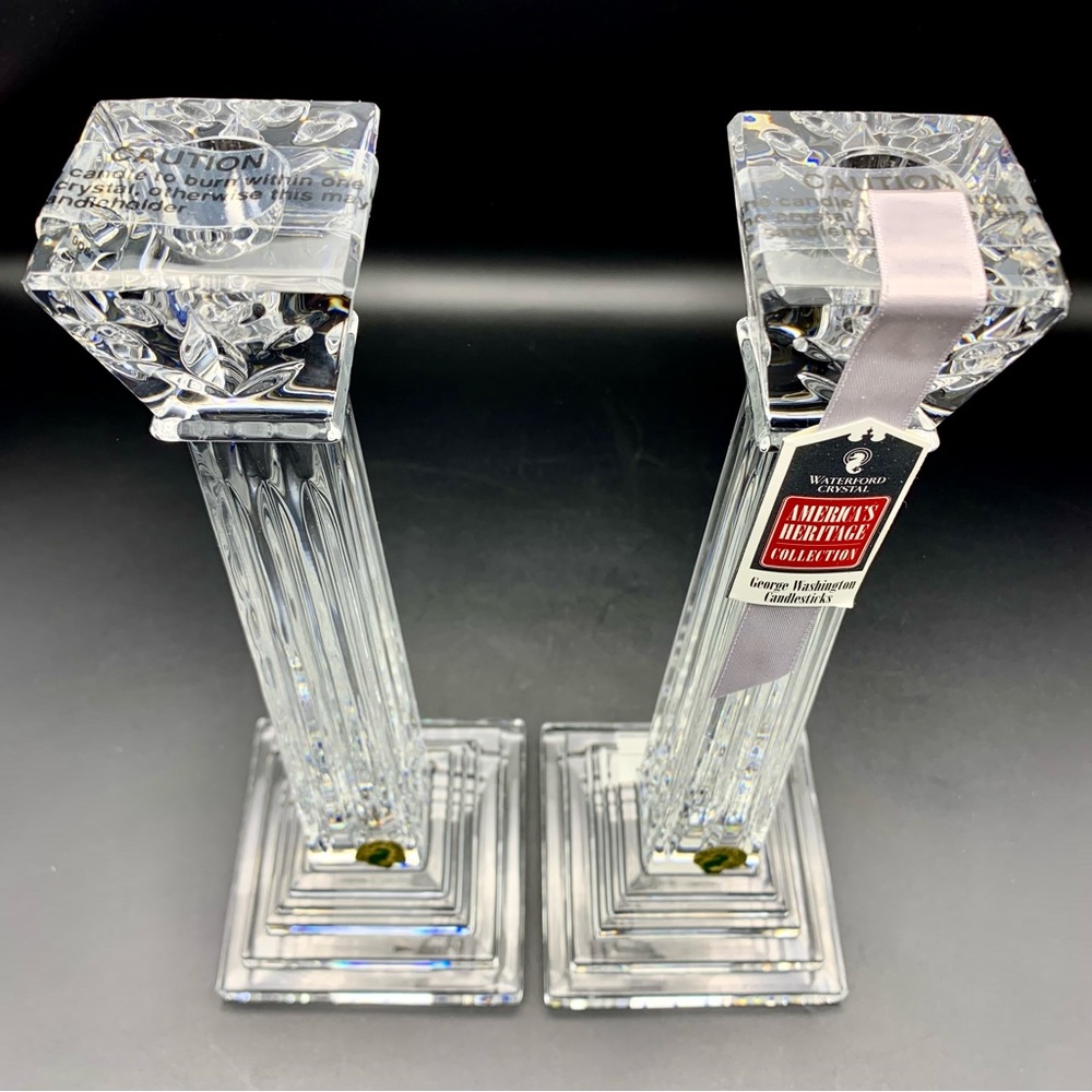 Waterford Crystal George Washington Candlestick Holders 11.75” Wood Base HTF NIB - Picture 6 of 15